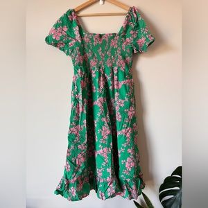 J. Crew Green Floral Smocked Midi Dress